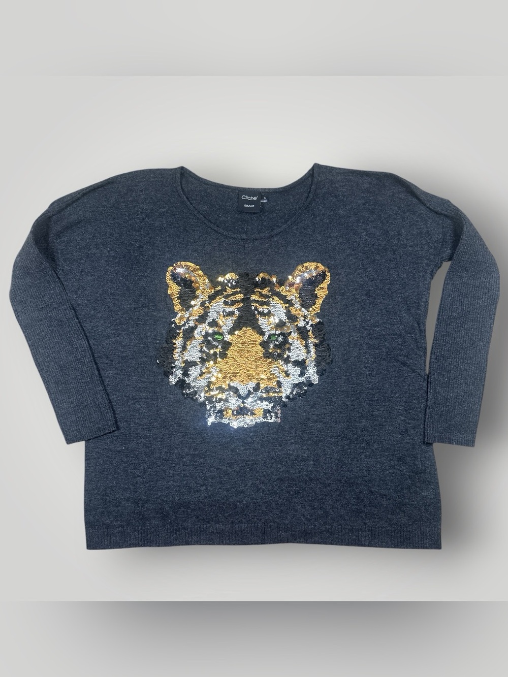 Cliché Couture Sequin Tiger Sweater Small Gray Wool Blend Dolman vintage Y2K
